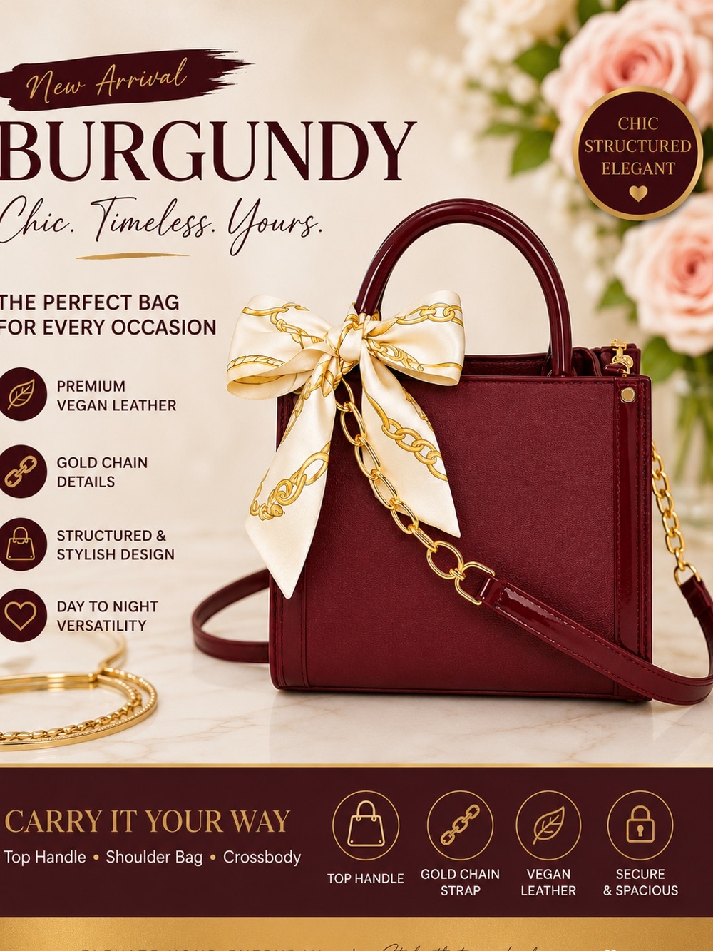 Burgundy Vegan Leather Chain Handle Satchel – Chic Structured Crossbody Purse